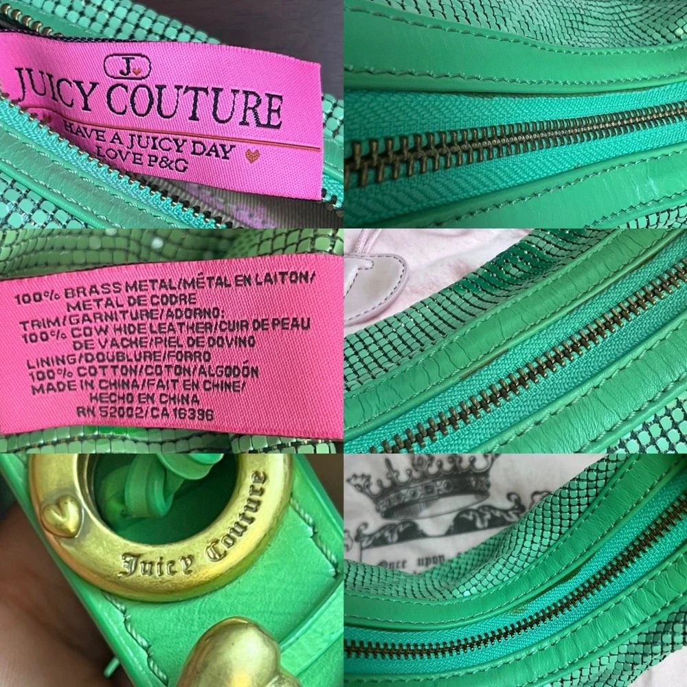 Juicy Couture Viva La Juicy Green Mesh Hobo Bag Leather Trim Heart Logo Brass
